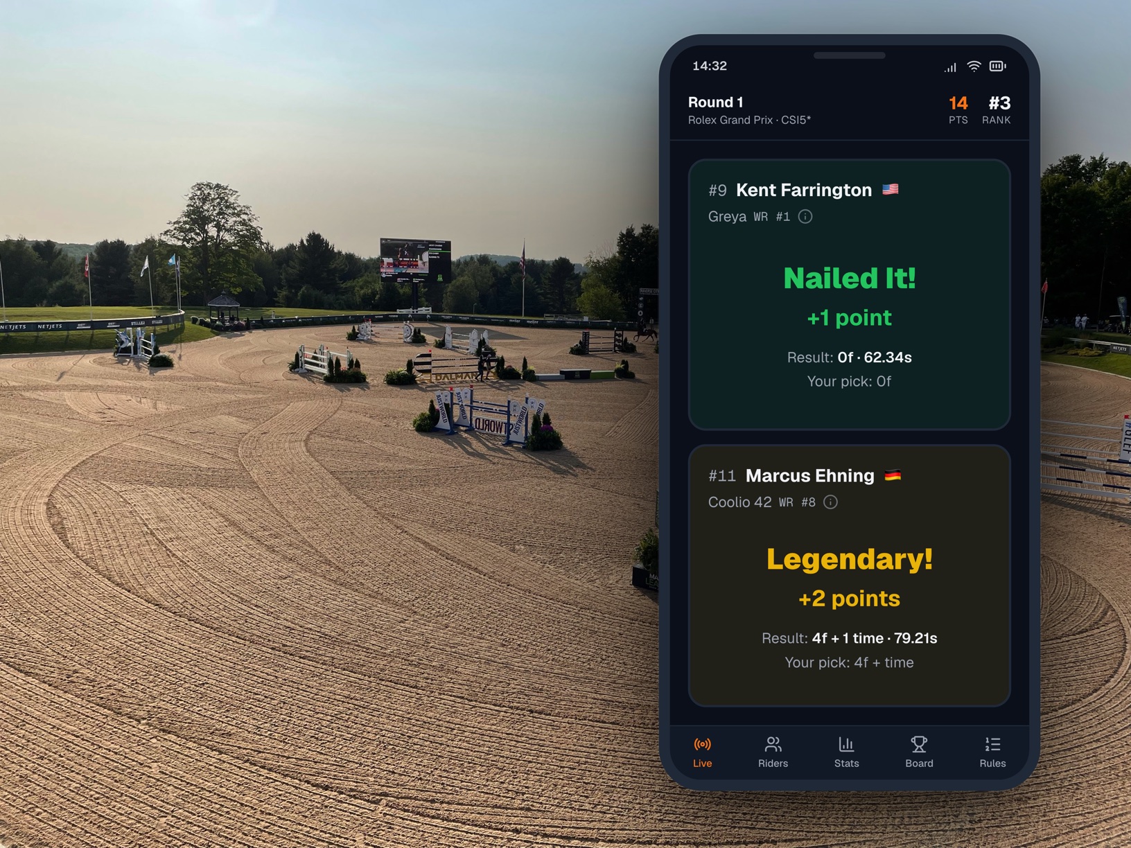 Playing JumpOff on a phone at a live CSI5* Grand Prix, predicting faults as the class runs